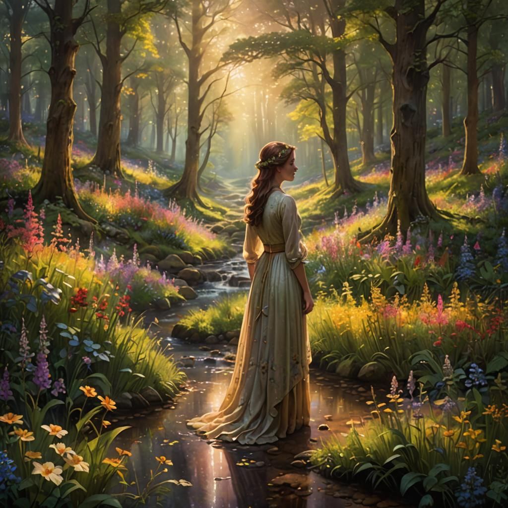 Ethereal Forest Clearing with Woman, in Oil Painting Style