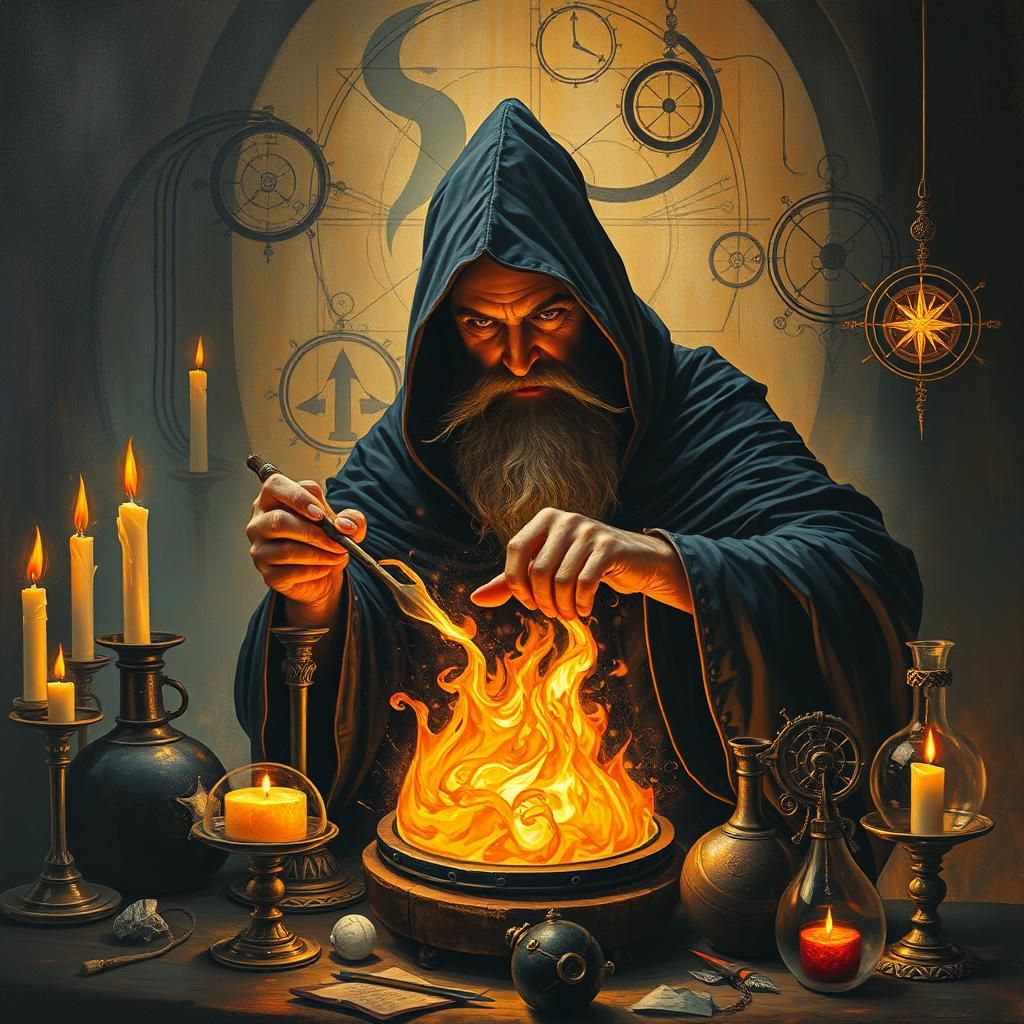 Alchemist Transmuting Lead to Gold in Surreal Laboratory