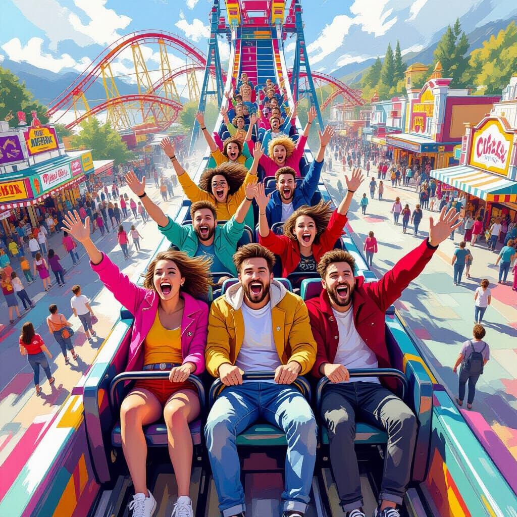 Friends Scream on Rollercoaster at Busy Theme Park