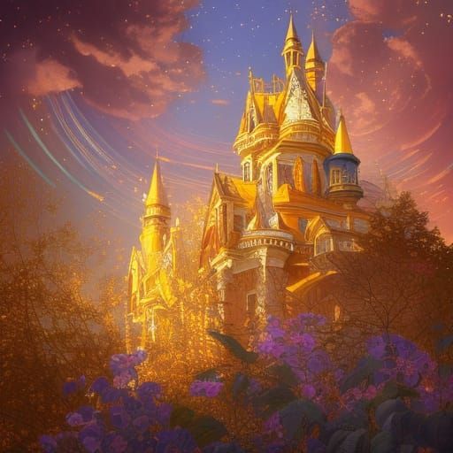 Golden Night Sky Over Glass Castle, Detailed Concept Art