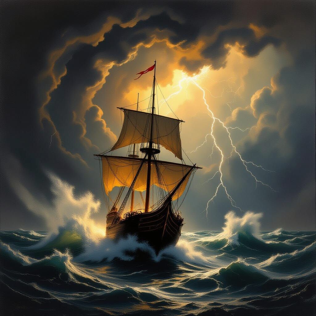 Ship Battles Stormy Sea in Romanticist Style