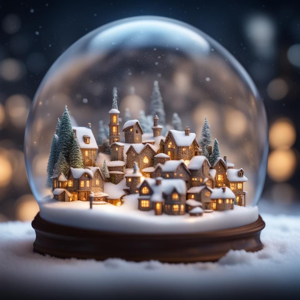 Hyperrealistic Fairy Town in Snow Globe