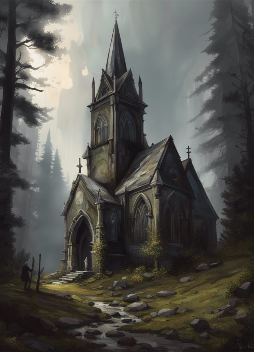 Sinister Abandoned Gothic Church in Forest