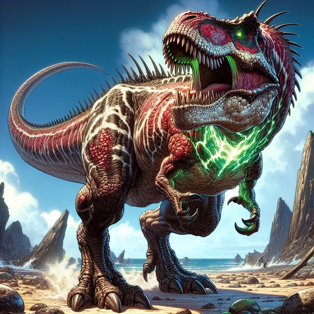 Mutated T-Rex Roars in Rocky Beach Landscape