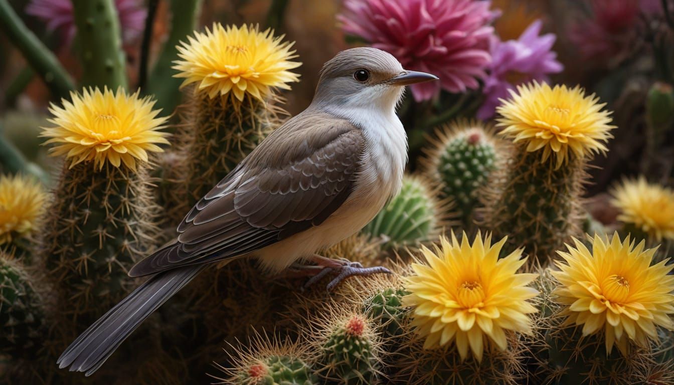 Yellow-Billed Cuckoo on Cactus Flower, Hyperrealistic Splash...