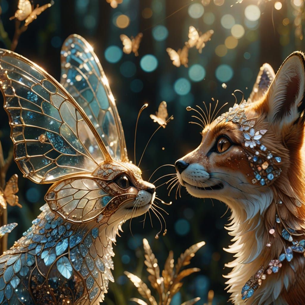 Fox and Crystal Butterfly in Enchanted Garden