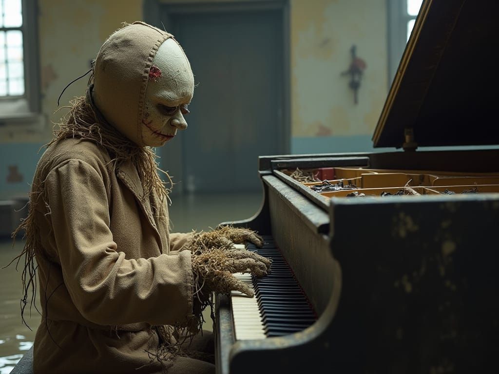 Scarecrow Pianist in Submerged Church, Mystical Realism