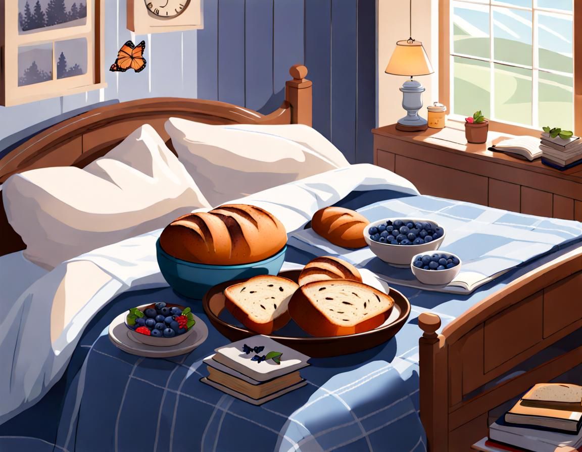 British Breakfast with Blueberry Bowl and Baked Bread