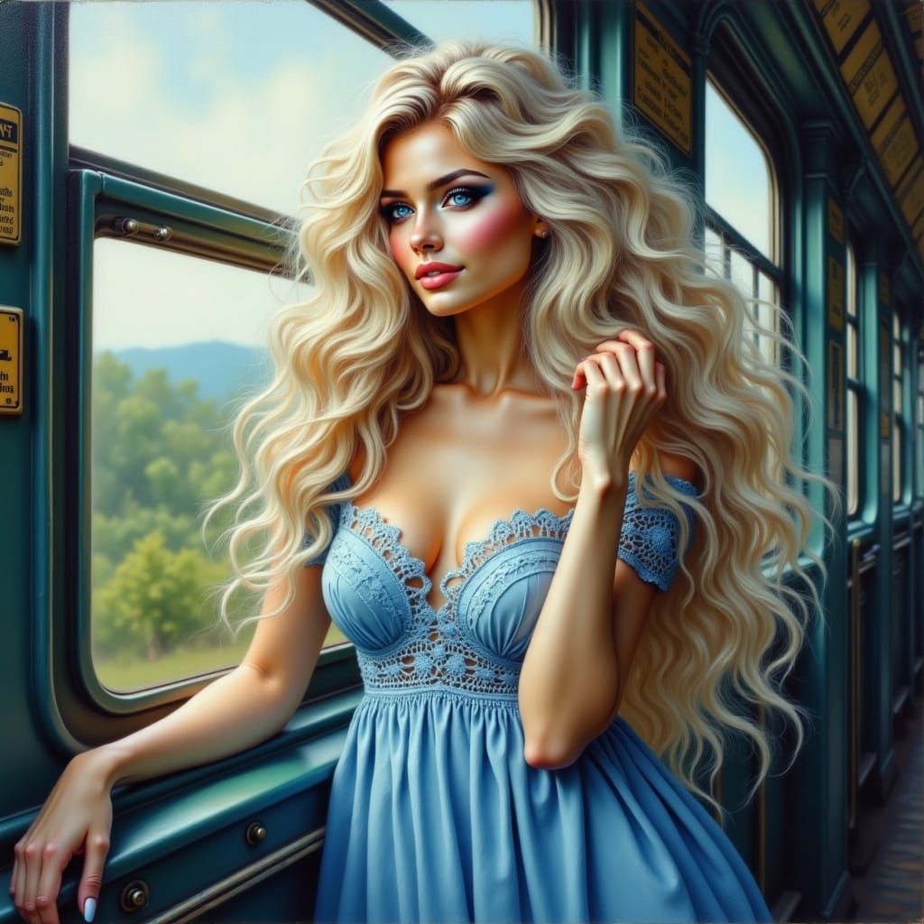 Dreamy Women in Blue Crochet Nightgowns, Oil Painting