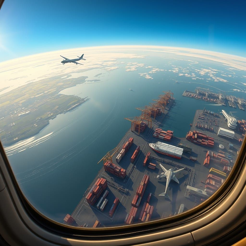 Aerial View from Cargo Plane Cockpit: Global Logistics