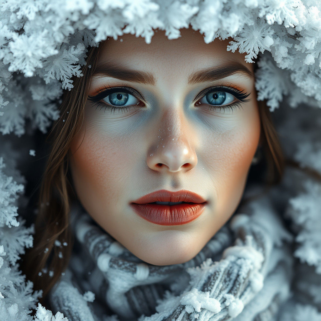Hyperrealistic Portrait of Ice Queen with Frost Details