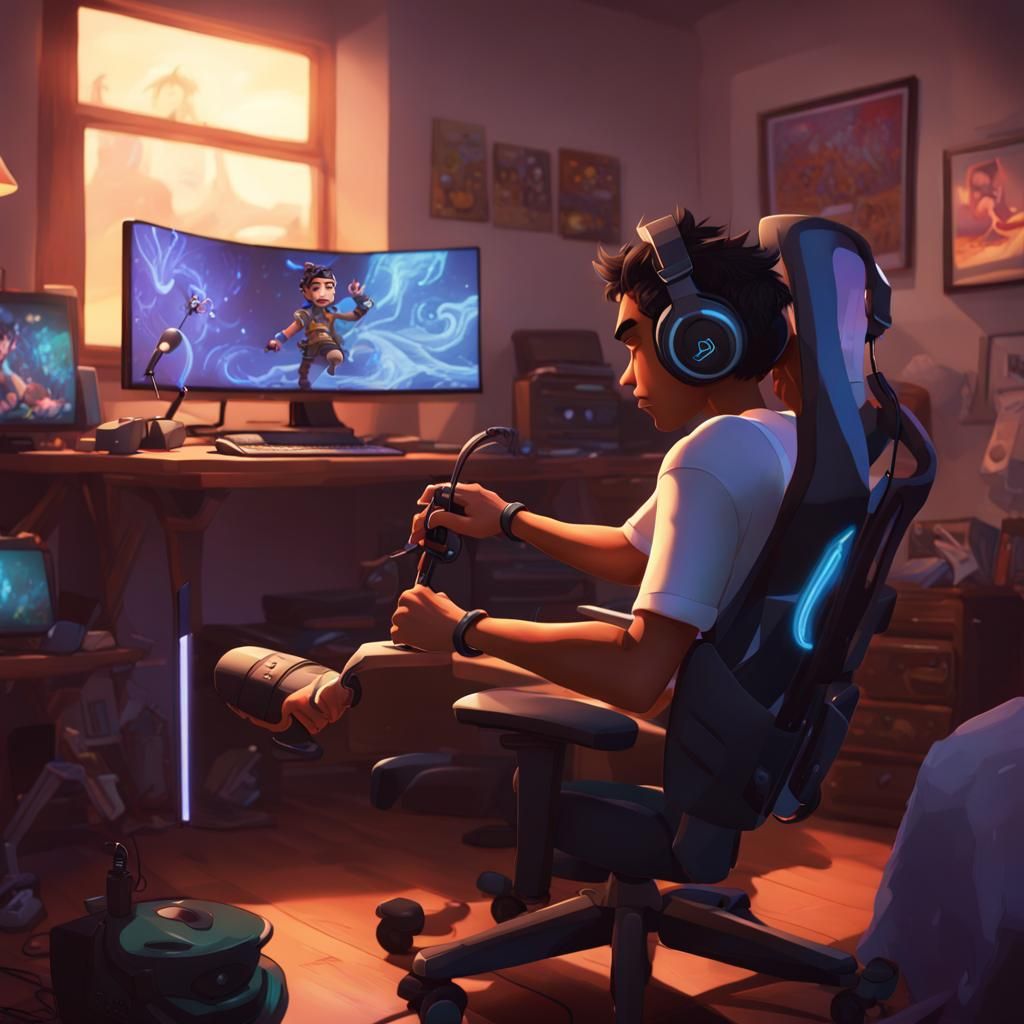 Gamer Immersed in League of Legends: 3D Art