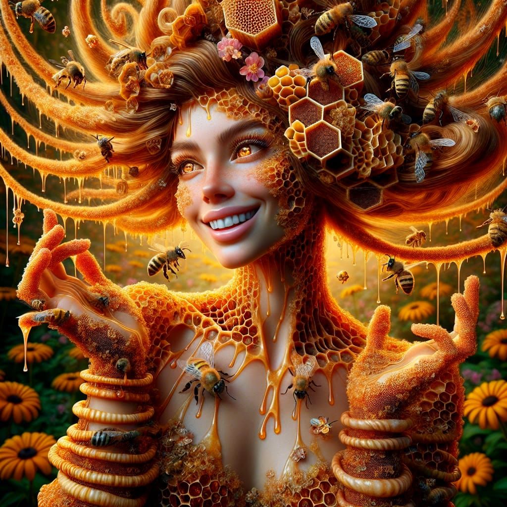 Breathtaking Hippie Woman Composed of Bees in a Lush Garden