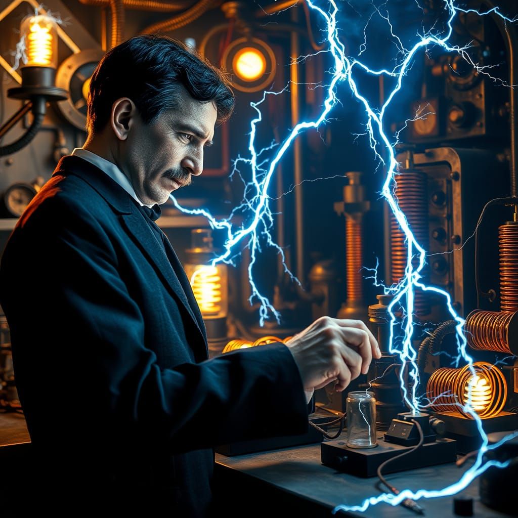 Nikola Tesla in Victorian Steampunk Laboratory