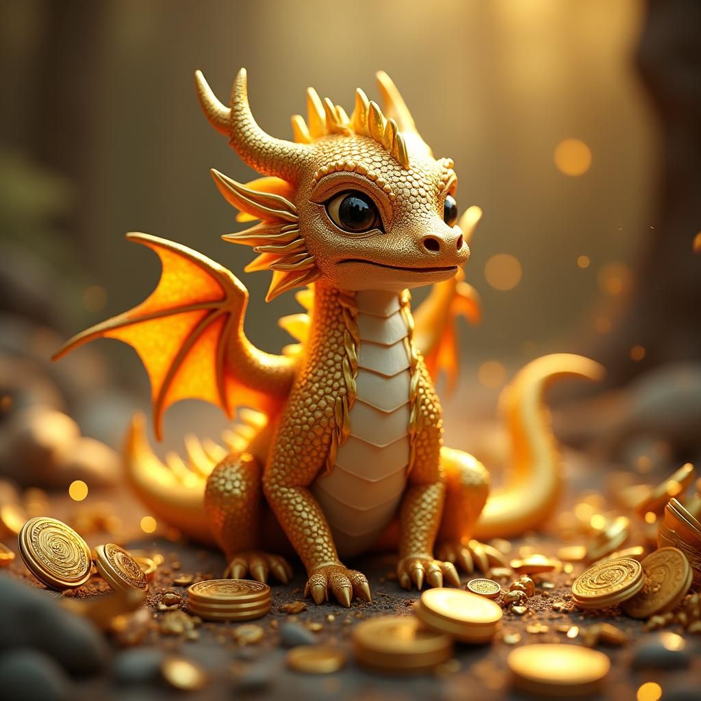 Golden Dragon Cub Amidst Treasure Trove