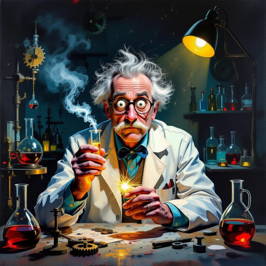 Eccentric Scientist on Brink of Madness in Chaotic Lab