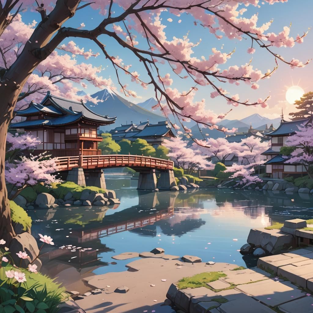 Blooming Cherry Branch in Japanese Anime Style