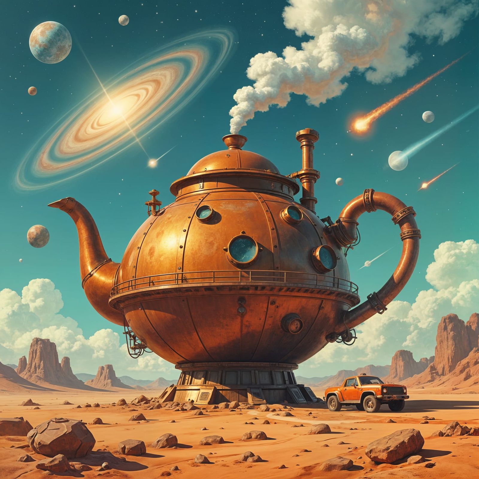 Alien Teapot Space Base in Vintage Sci Fi Style