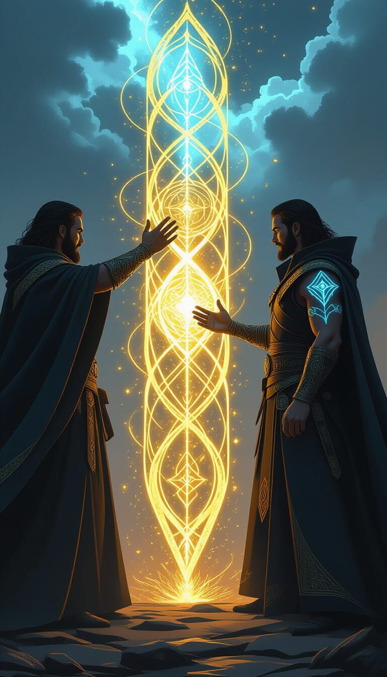 Sorcerers Conjure Runes in Stormy Fantasy Scene