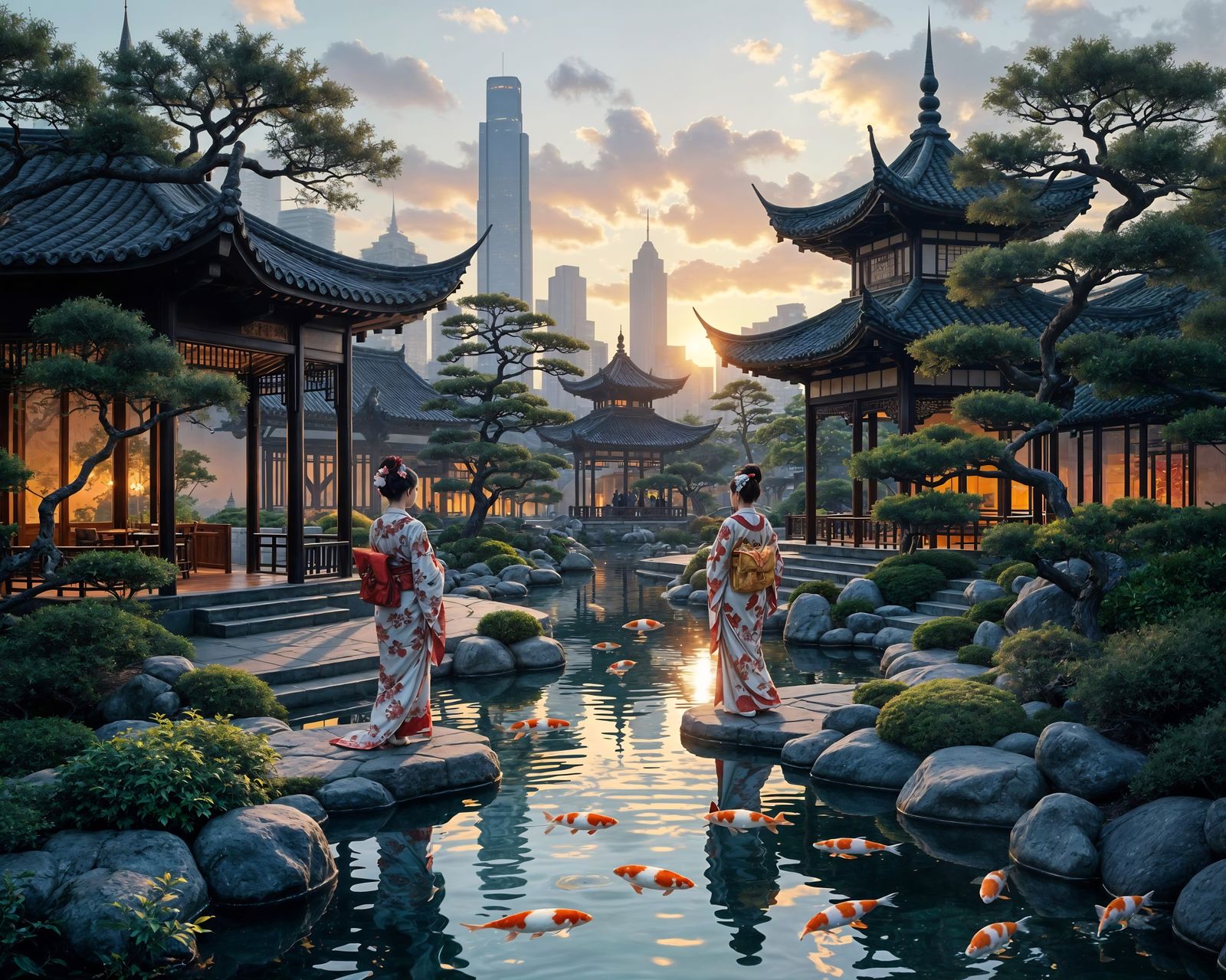 Futuristic Shanghai Tea Garden in Digital Matte Painting