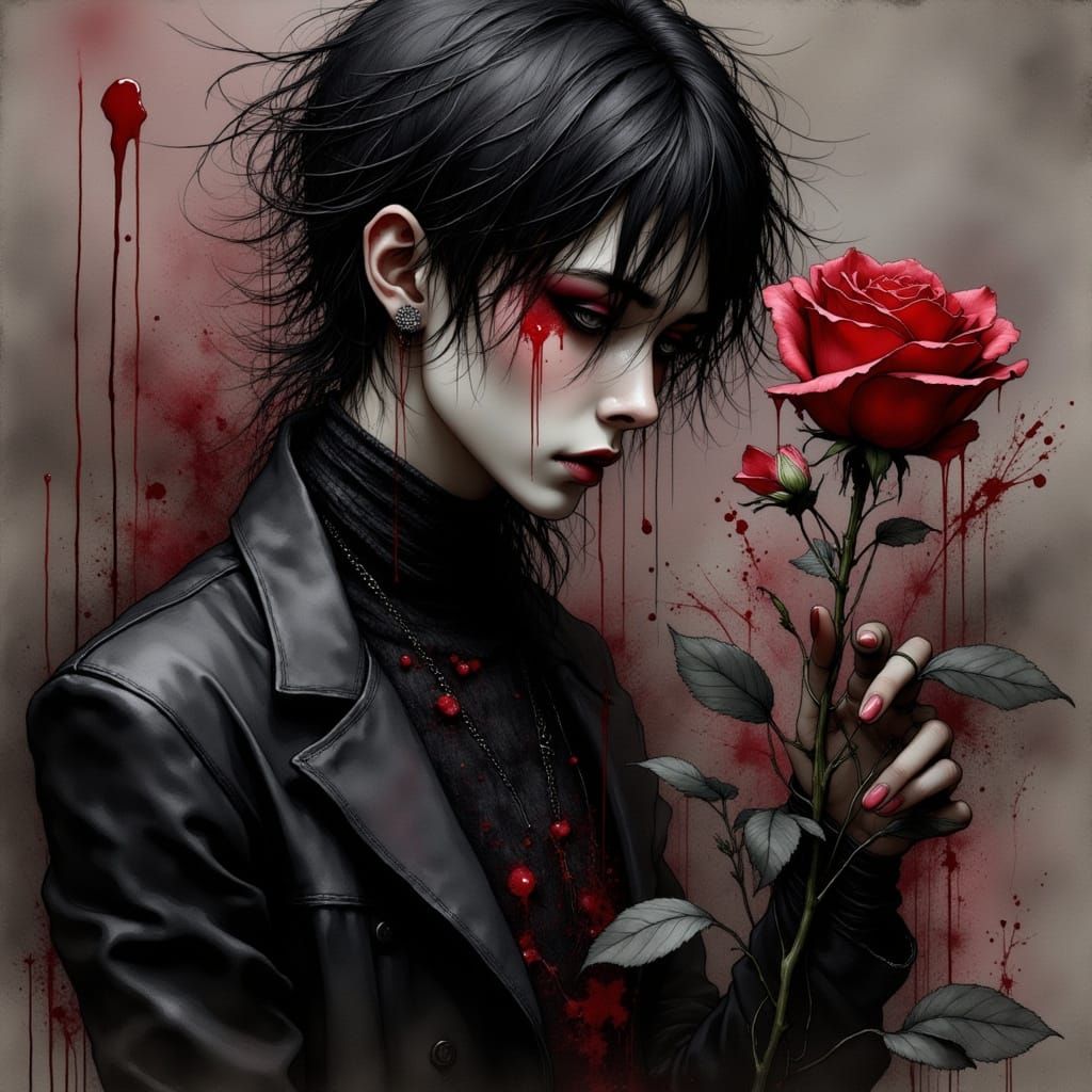 Moody K-Pop Idol Drips Crimson Tears with Long-Stemmed Rose