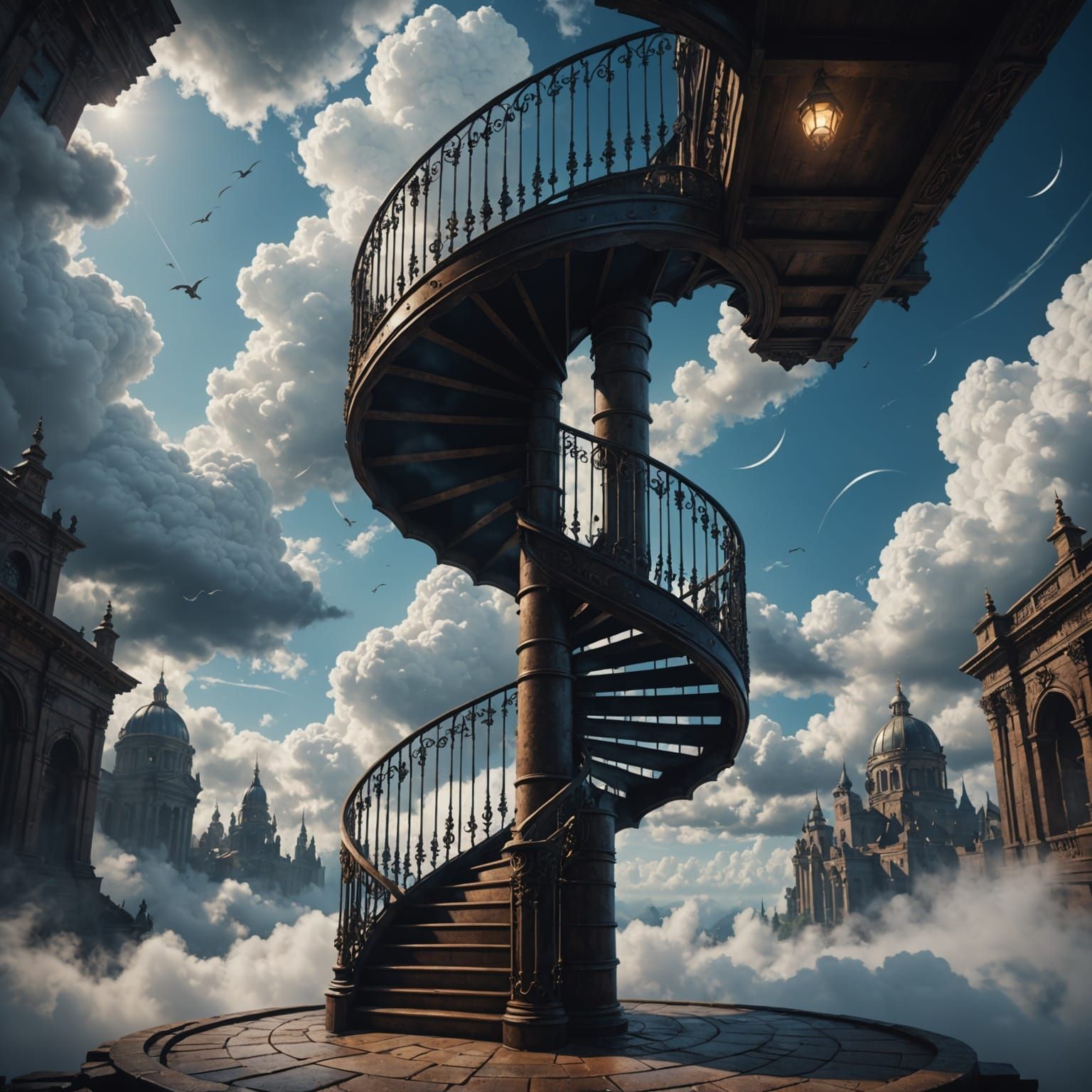 Fantastical Spiral Staircase Ascending to the Clouds