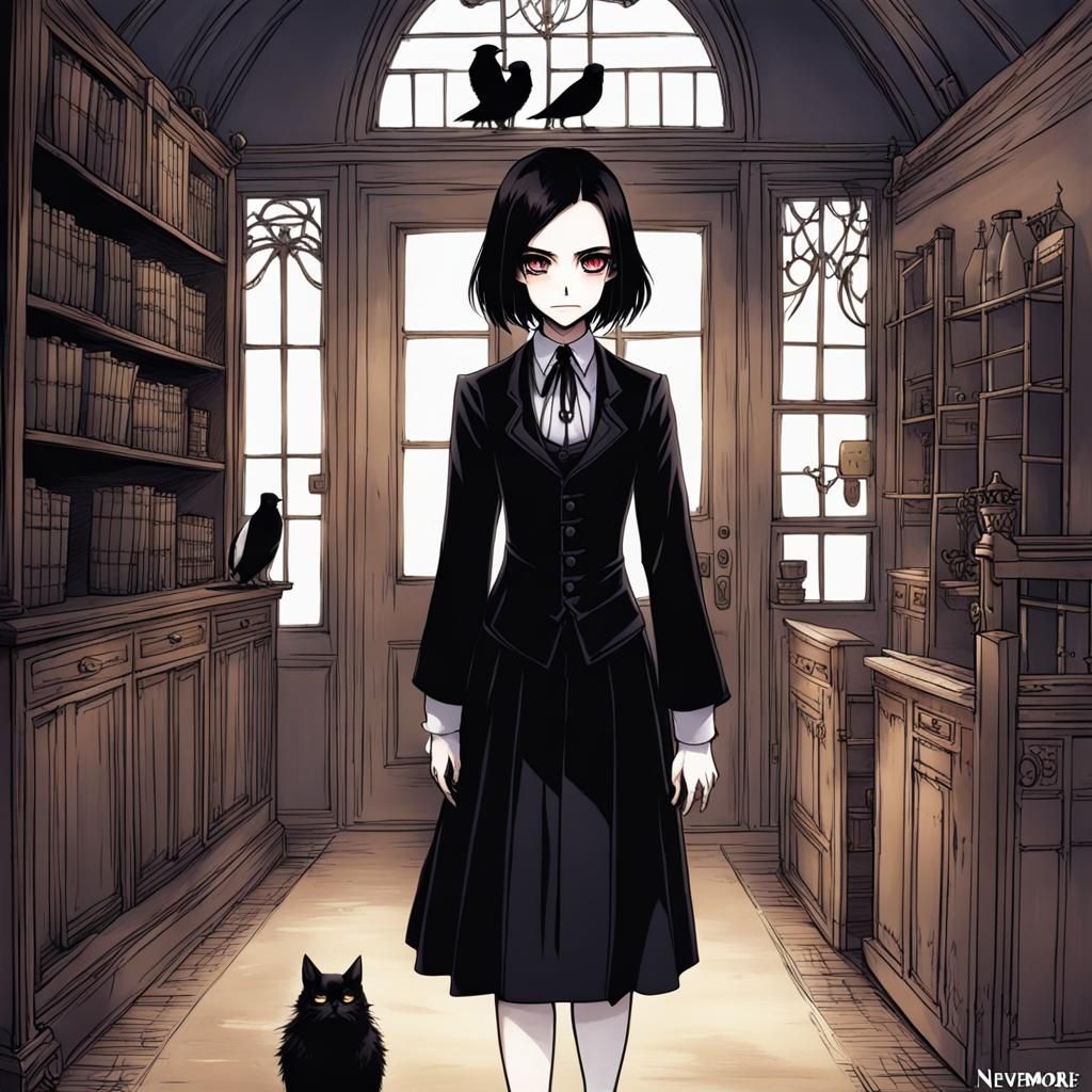 Wednesday Addams at Nevermore in Anime Style