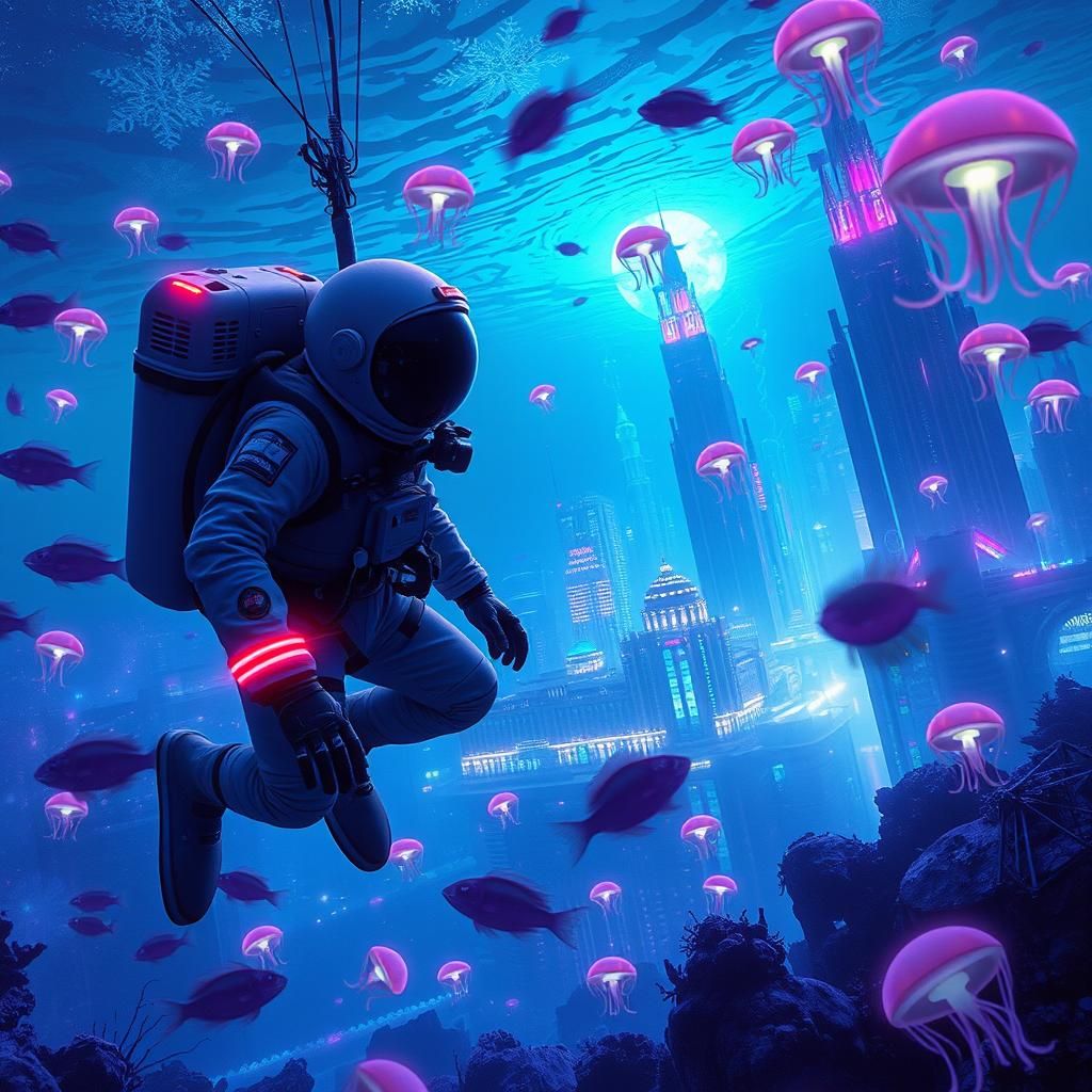 Astronaut Discovering Bioluminescent Underwater Cityscape