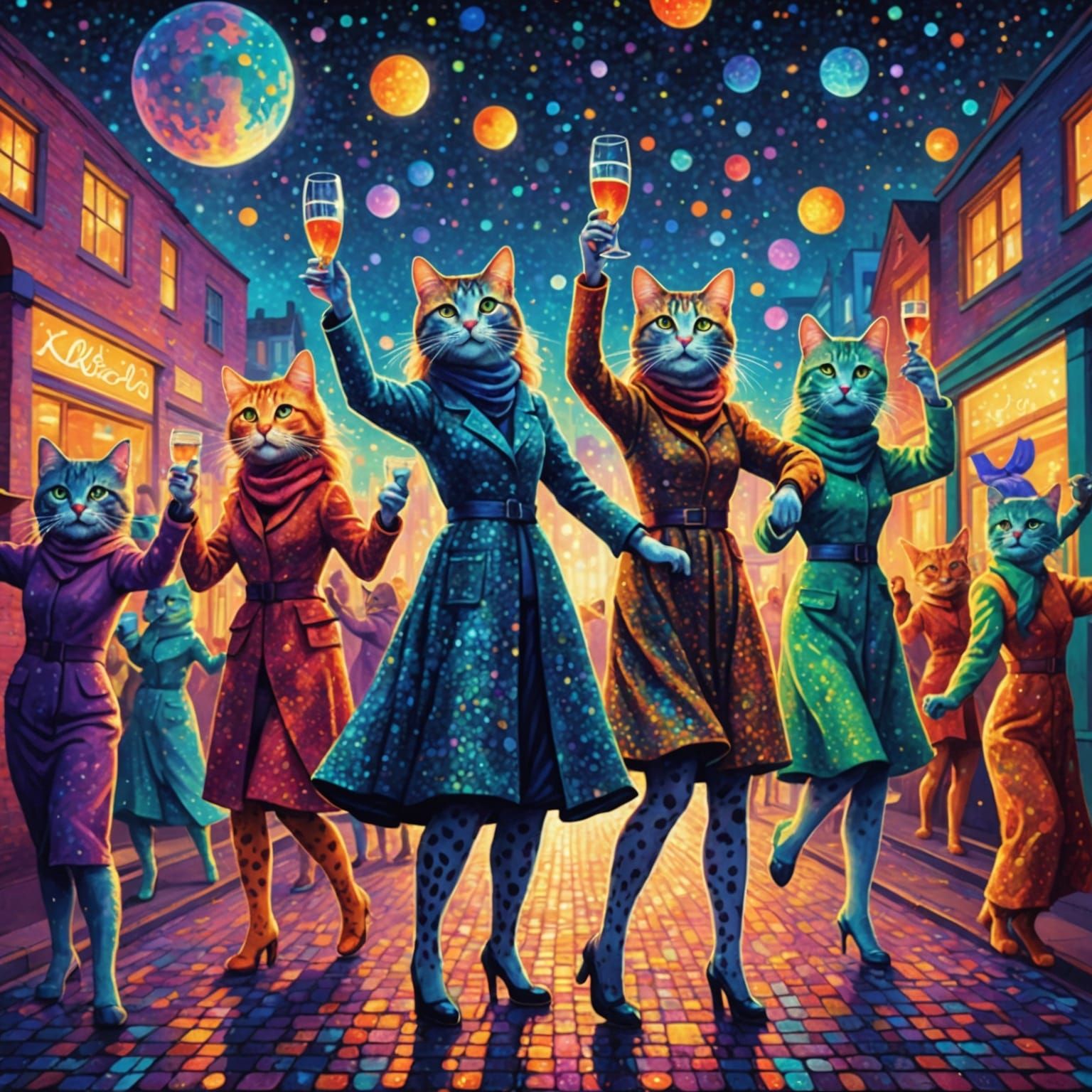 Cat Ladies Street Party in Pointillism Style