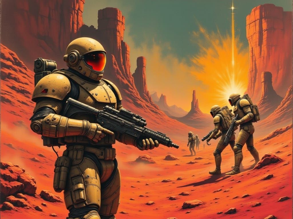 Space Soldier Engages Martian Battle in Vintage Sci-Fi Oil P...