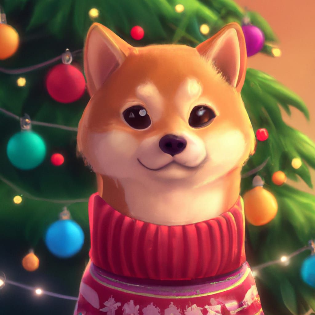 Chibi Shiba Inu Christmas Portrait in Digital Art Style