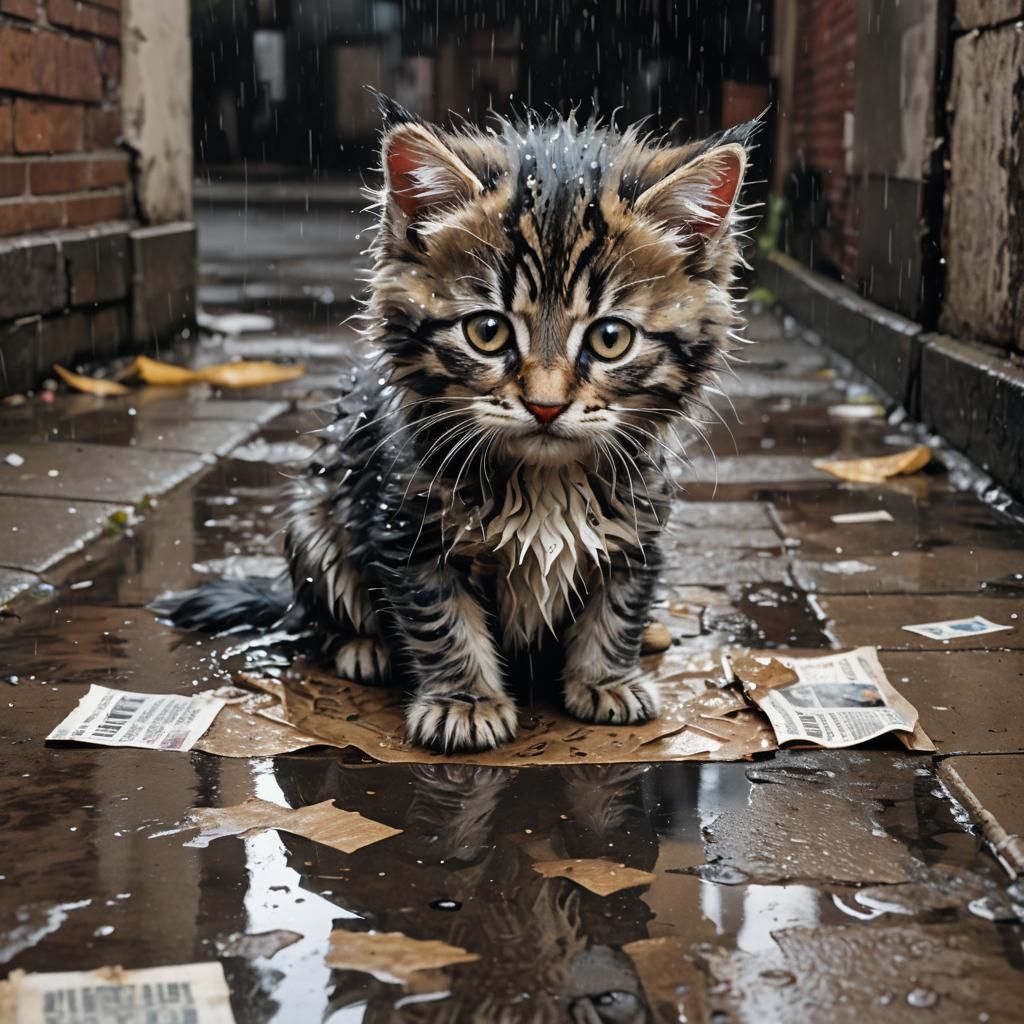 Sad Kitten Hiding in Rainy Alleyway