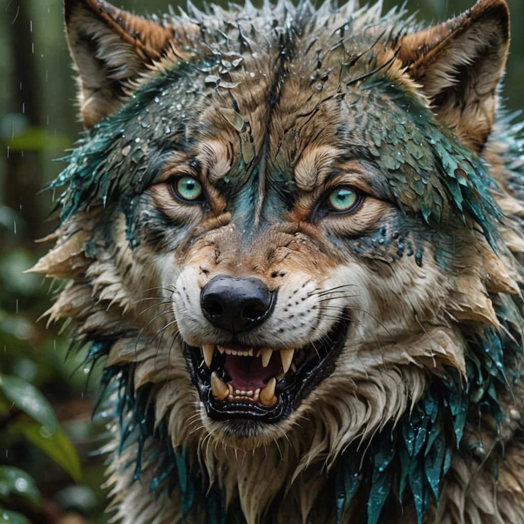 Hyperrealistic Wolf Portrait in Rainforest Setting