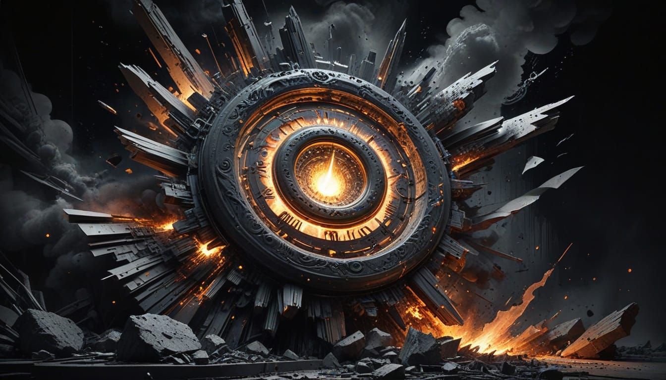 Dramatic, Charcoal-Drawn Button Scene with Explosions and Ch...