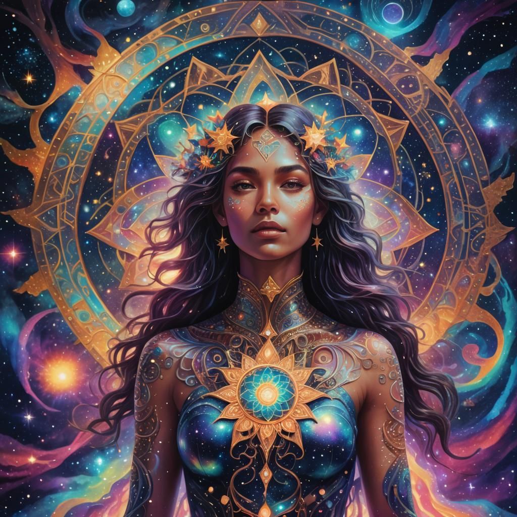 Holographic Astral Woman on Celestial Aurora