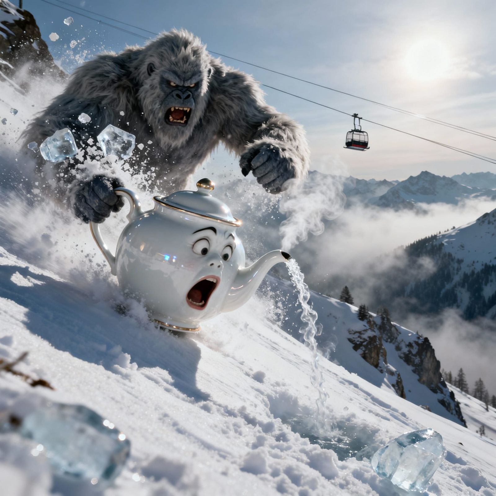Yeti Chases Teapot Down Snowy Alps