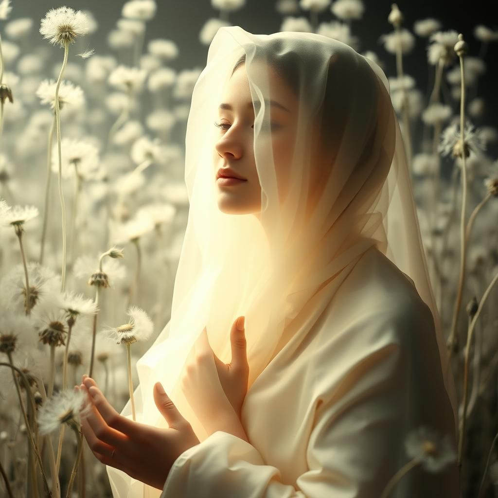 Ethereal Woman in Dandelion Dreamscape, Infrared Photography