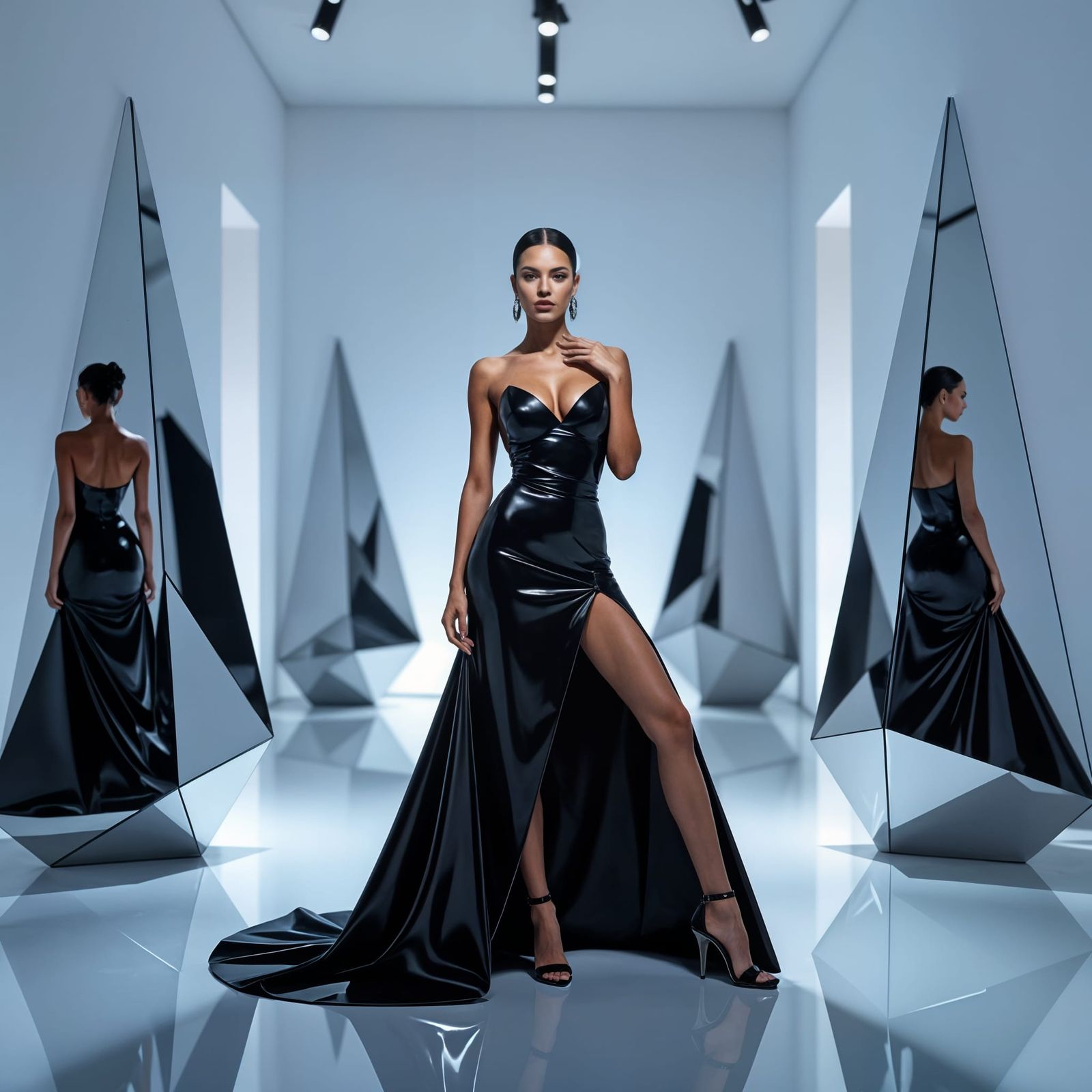 Woman in Architectural Origami Latex Fashion in Modern Art G...