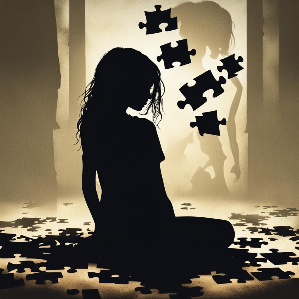 Silhouette of Girl Disintegrating into Puzzle Pieces