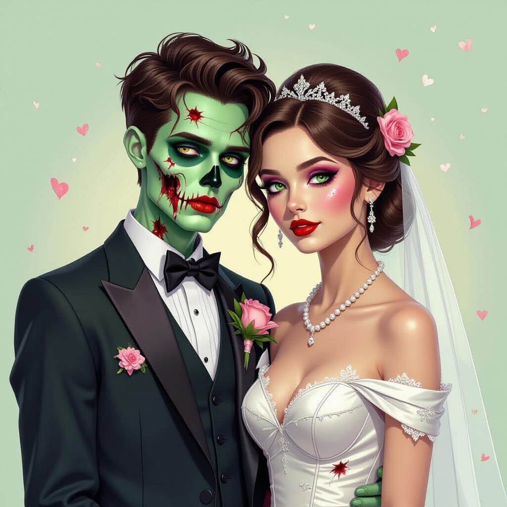 Zombie Prom Couple Yearbook Photo with Ethereal Glow
