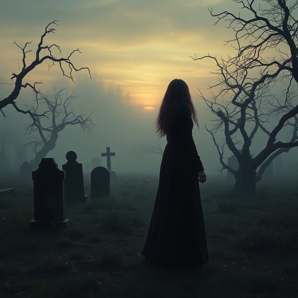 Mysterious Woman in a Haunting Graveyard Scene