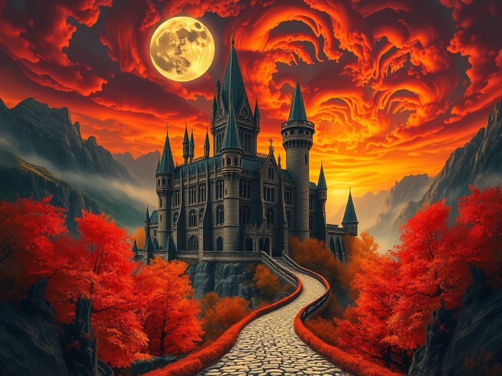 Gothic Fantasy Castle in Vibrant Autumn Landscape