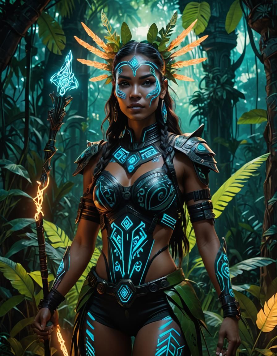 Tribal Woman with Bioluminescent Body Paint in Cyberpunk Jun...