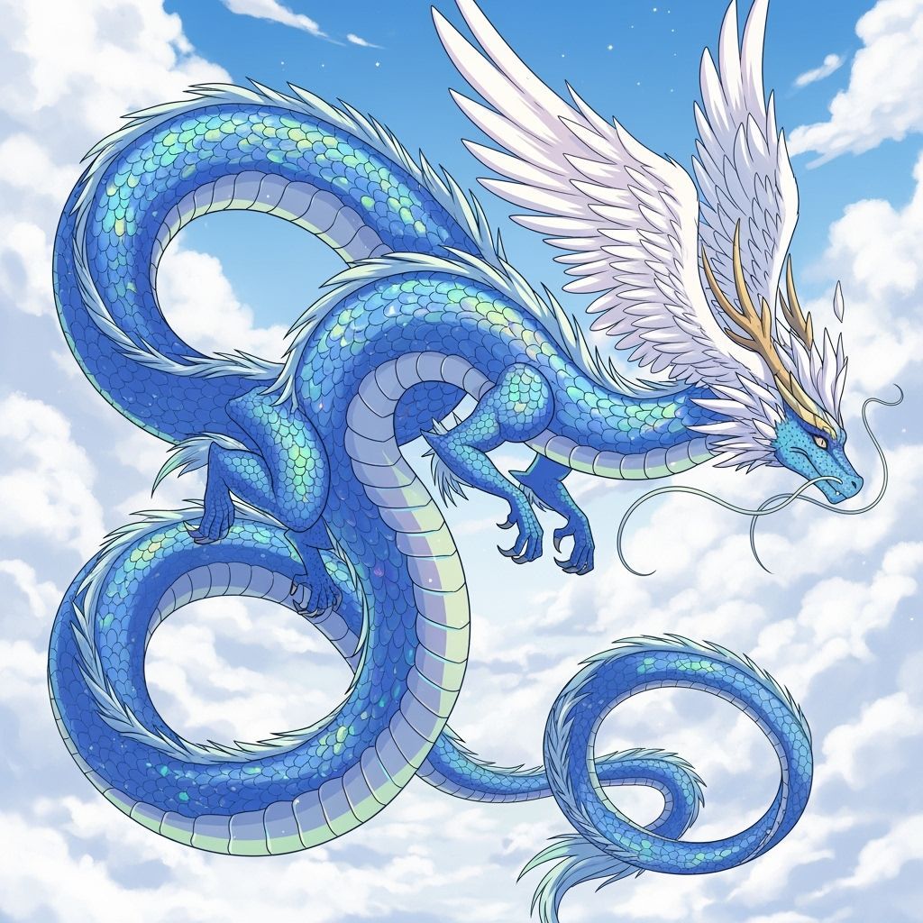 Blue Serpent Dragon with Angel Wings in Anime Style
