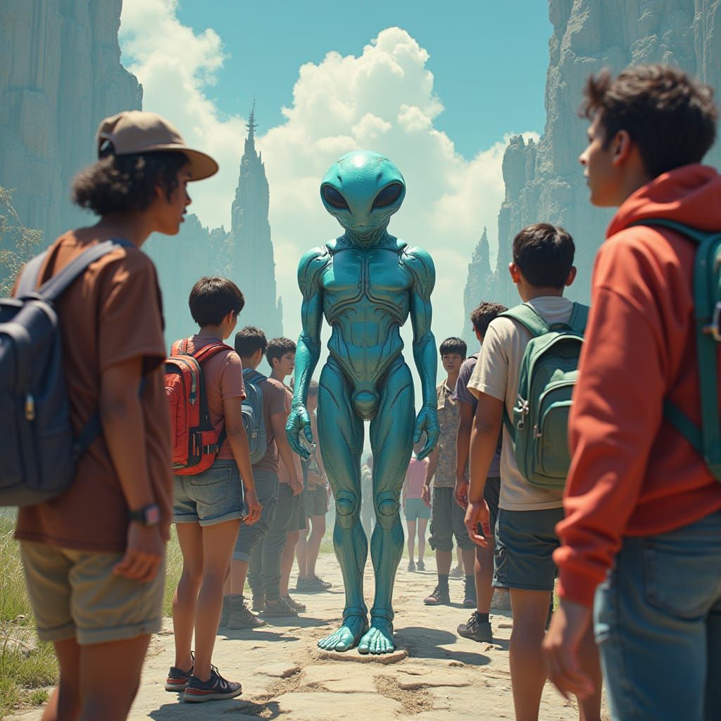 Students Encounter Iridescent Aliens in a Futuristic Landsca...