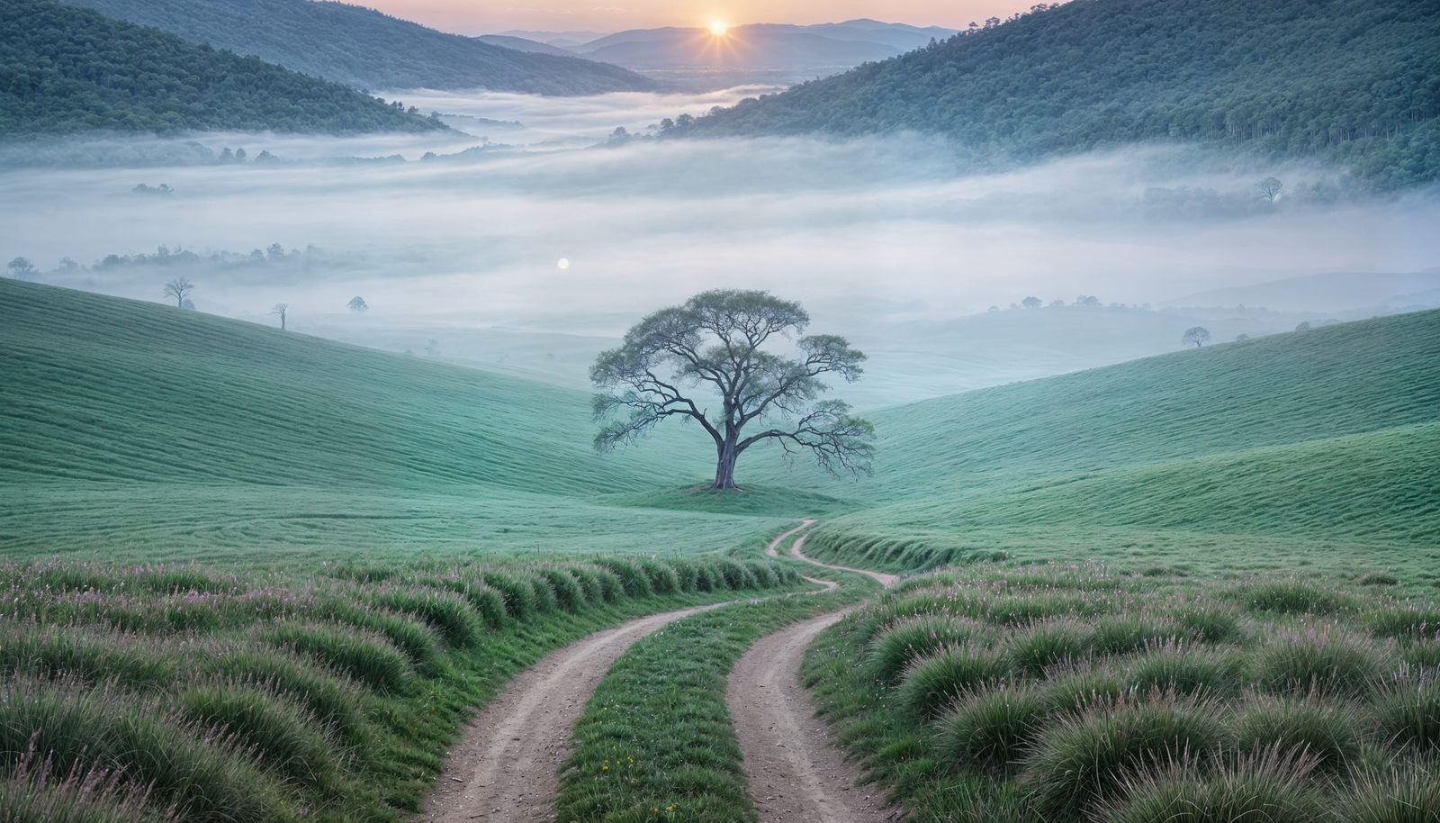 Peaceful Sunset Over Hazy Blue Hills with Lone Tree