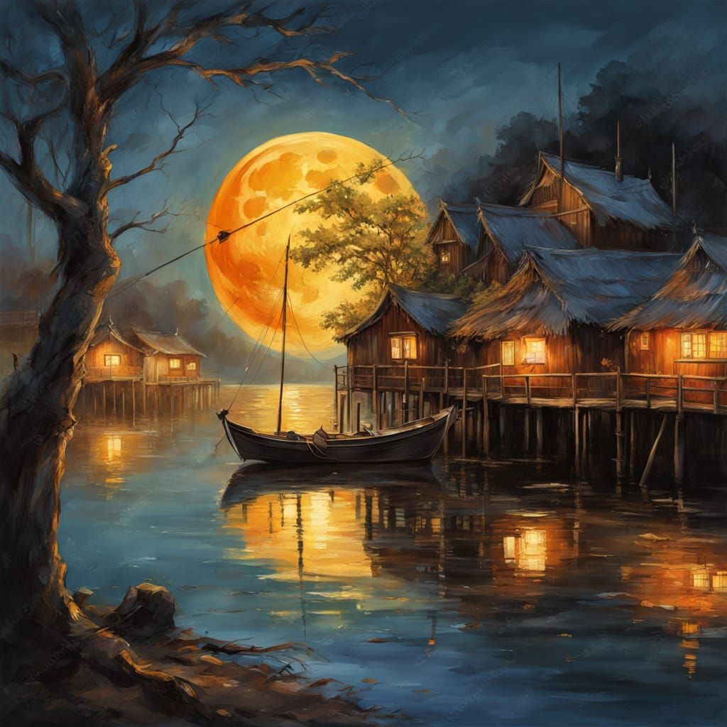 Orange Moon Over Fishing Village in Painterly Style