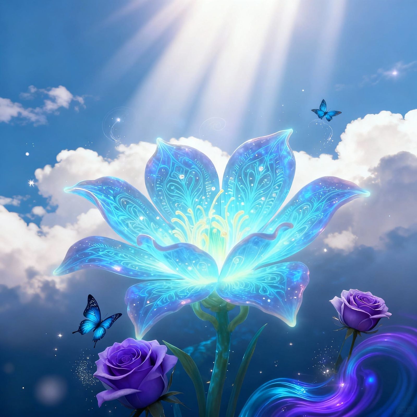 Heavenly Flowers and Butterfly in Divine Sunshine