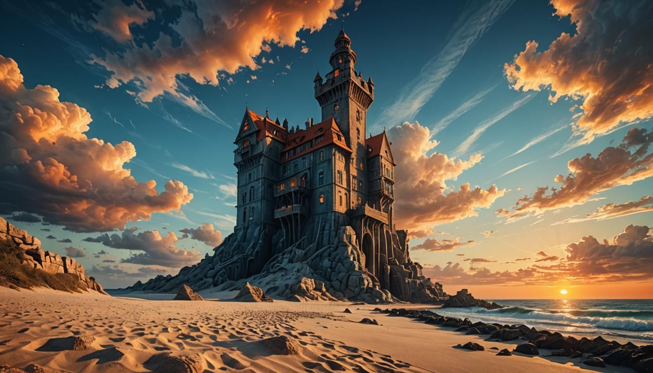 Surreal Beach Manses in Fantasy Landscape