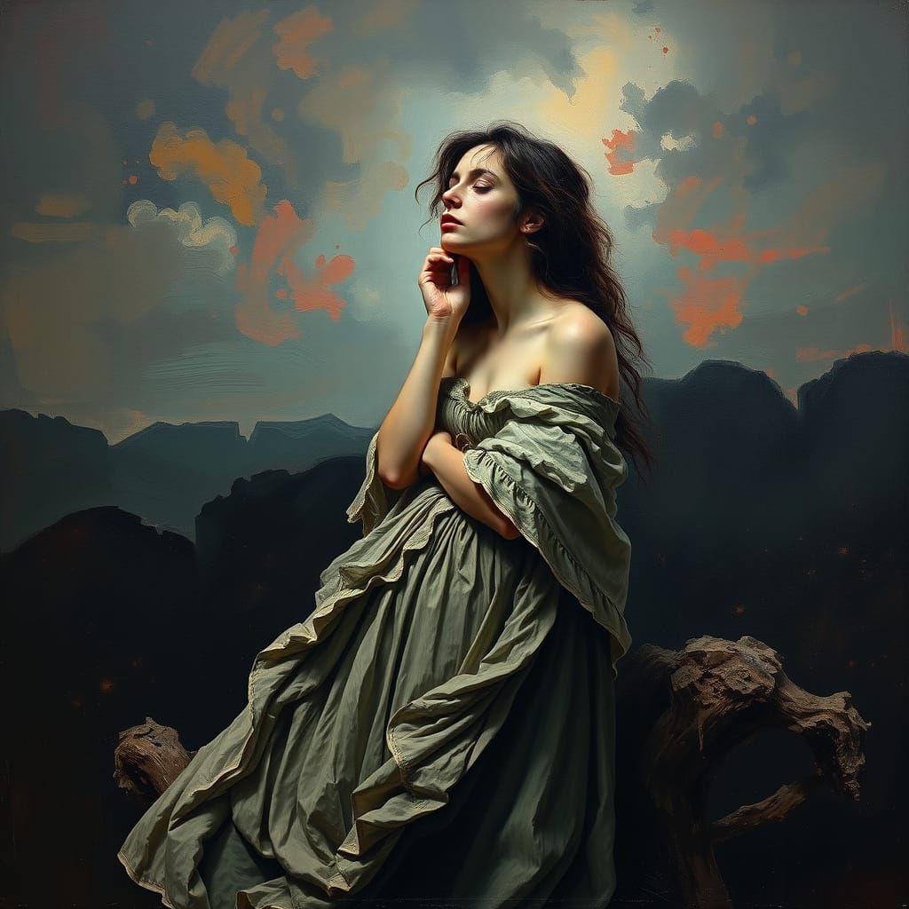 Contemplative Woman in Dramatic Landscape